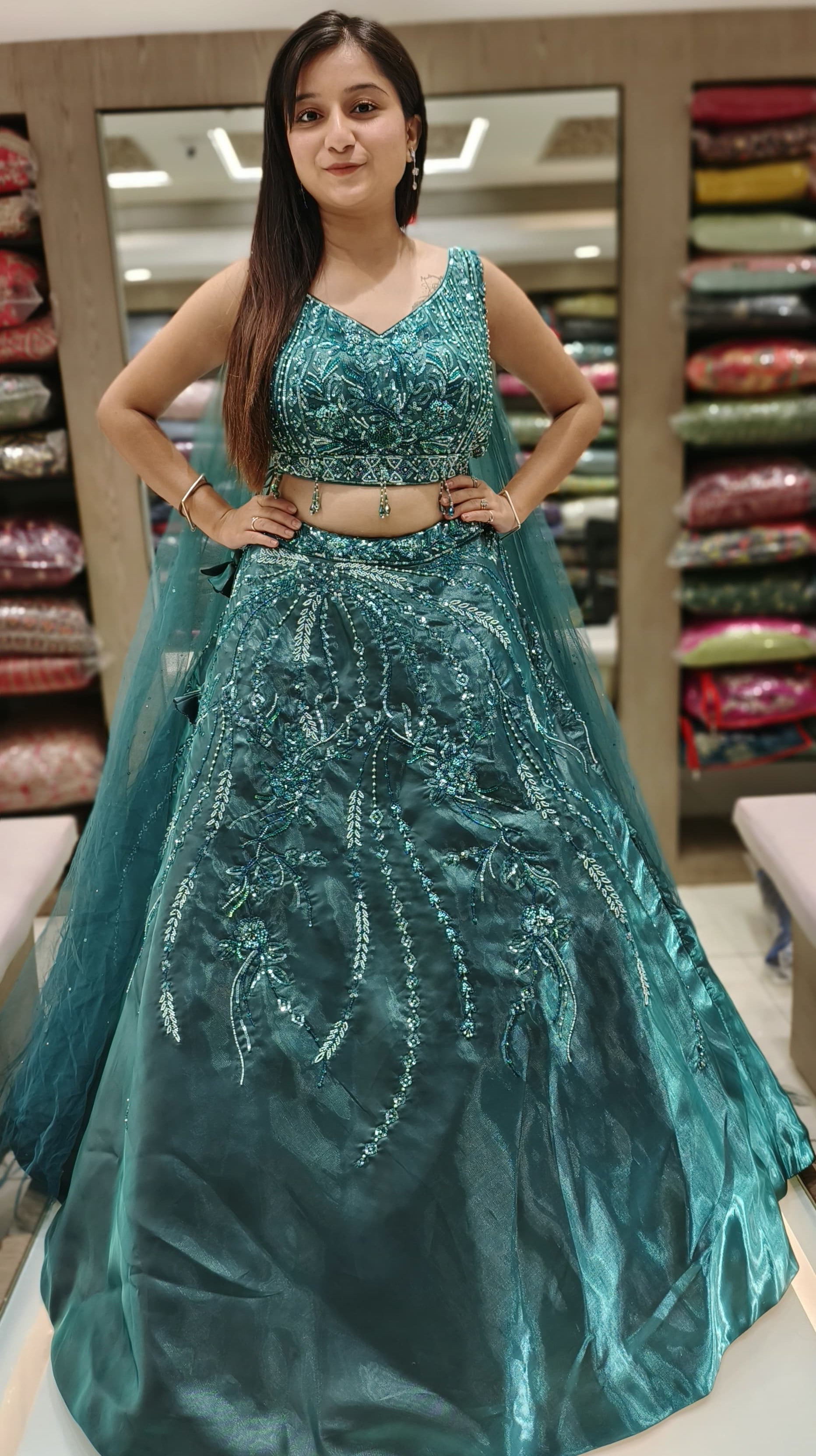 Dark Rama Color Organza Beads Work Fancy Lehenga Choli